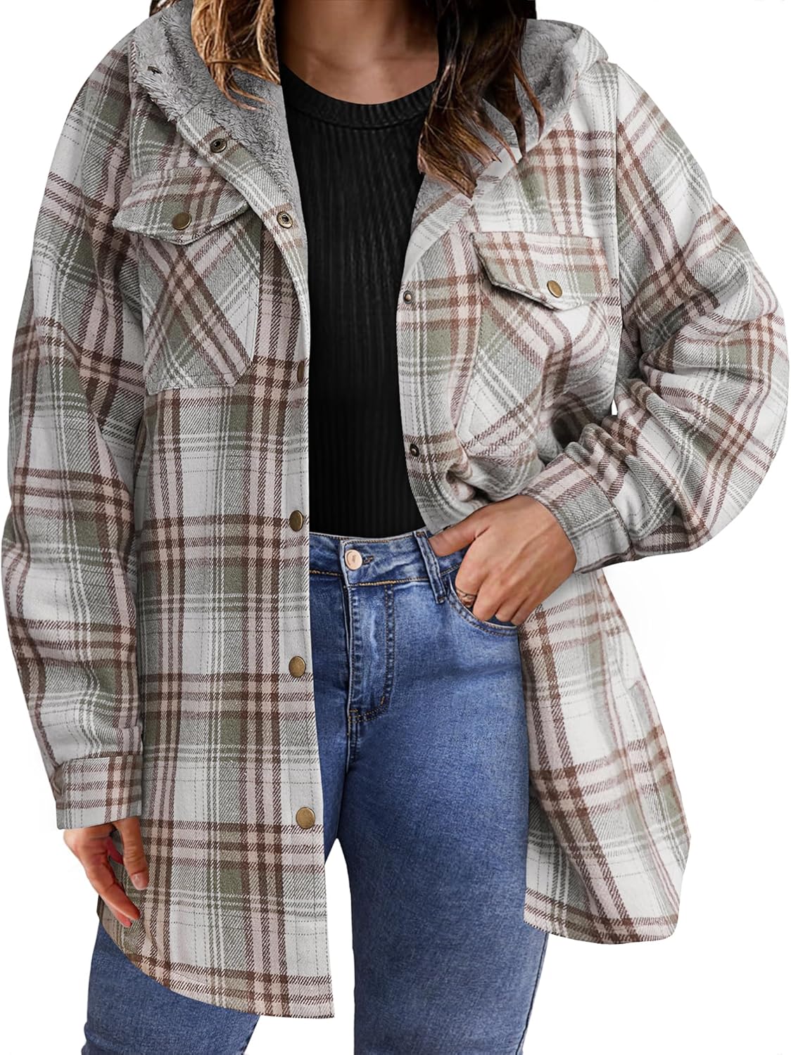 IN'VOLAND Plus Size Women Flannel Plaid Shacket Jacket Long Sleeve Button Down Fleece Hooded Jackets Fall Winter Coat