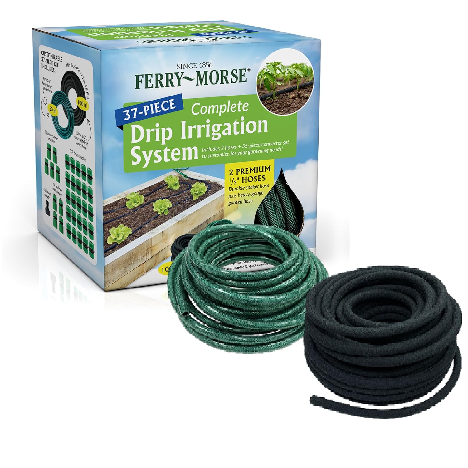 Ferry Morse Drip Irrigation Kit - 37 Piece Set with 100ft Soaker & 50ft Garden Hose