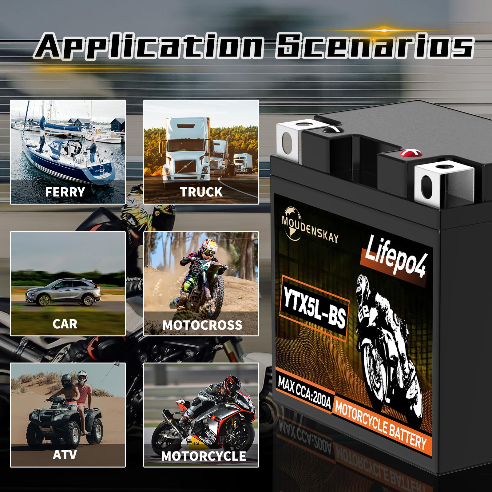 Batterie Lithium Moto 12V Batterie Moto YTX5L-BS 2Ah 200A | Technologie LiFePO4,avec Protection BMS,Sans Entretien,pour motos, ATV, UTV, véhicules nautiques, etc