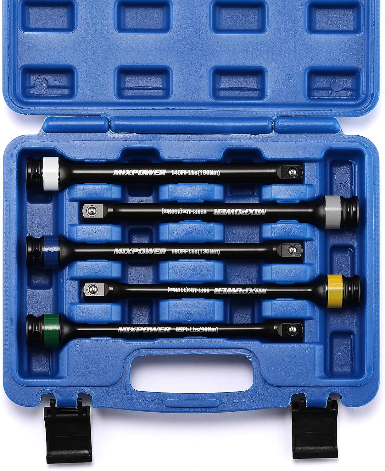 MIXPOWER 5 Piece 1/2" Drive Torque Limiting Socket Extension Bars, CR-MO, 8 Inch Long, Impact Grade Bars -Color Coded for Easy Identification, 65 to 140 Ft-Lbs, Impact Torque Limiter Set
