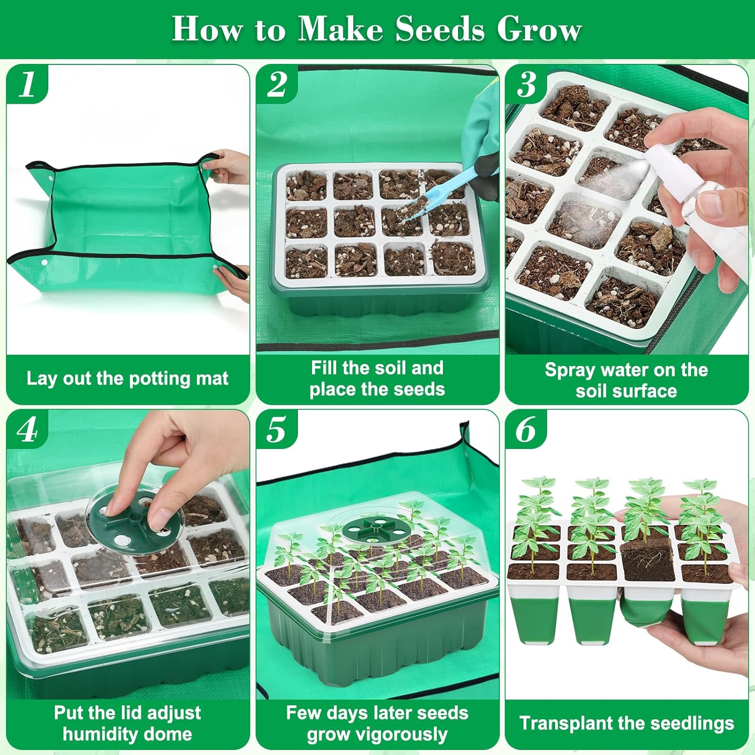 Reusable Silicone Seed Starter Tray, 96 Cells Seed Starter Kit with Humidity Adjustable Dome and Lid, 8 Packs Plant Germination Trays with Repotting Mat Germination Kit for Seeds Grow Starting