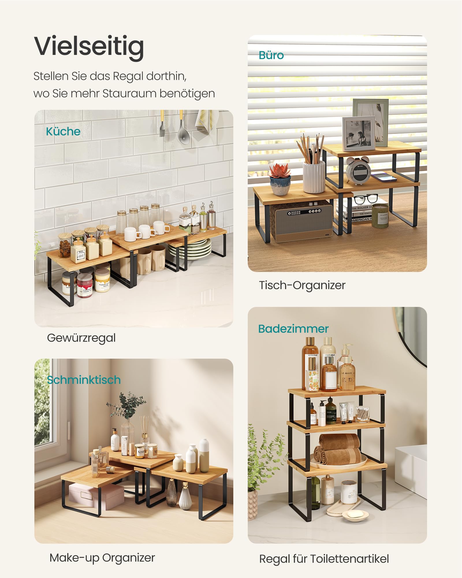 SONGMICS Gewürzregal, 3er Set Küchen-Organizer, Küchenregal, stapelbar, erweiterbar, Metall und Holzwerkstoff, tintenschwarz-naturbeige KCS014YL03