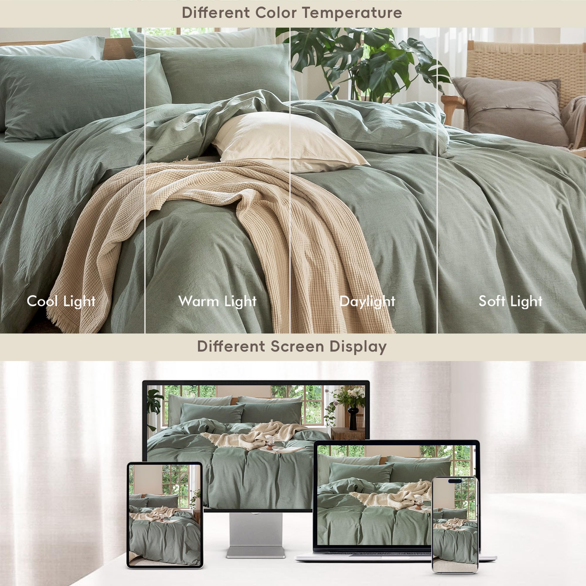 MooMee Bedding Duvet Cover Set 100% Washed Cotton Linen Like Textured Breathable Durable Soft Comfy (Tannish Linen Grey, King) — view 87