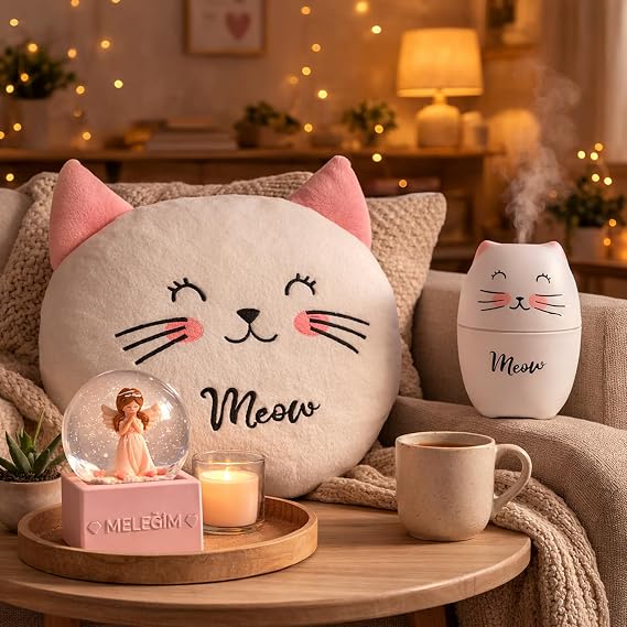 Kedi Temalı Dekoratif Tasarıma Sahip Hediye Seti – Peluş Kedi Yastık + Buhar Makinesi Nemlendirici + Melek Figürlü Kar Küresi | Dekoratif Hediye Seti