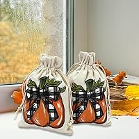 Vista 6 de Whaline Paquete de 24 bolsas de arpillera de otoño, bolsas con cordón de calabaza, bolsas de regalo de calabaza a cuadros de acuarela, bolsa