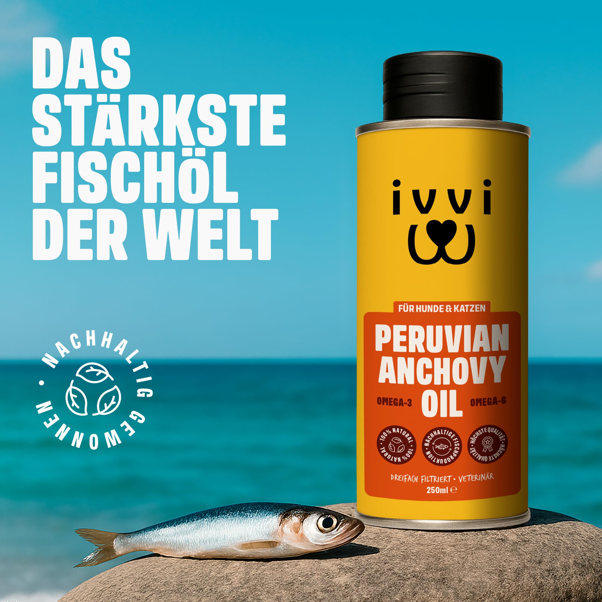 Peruanisches Anchovy-Öl für Hunde & Katzen – 3× stärker als Lachsöl – Omega-3 Omega-6 Fischöl für Haut, Gelenke, Herz & Immunsystem – Dreifach gefiltert – Marin Trust Zertifiziert – 250ml
