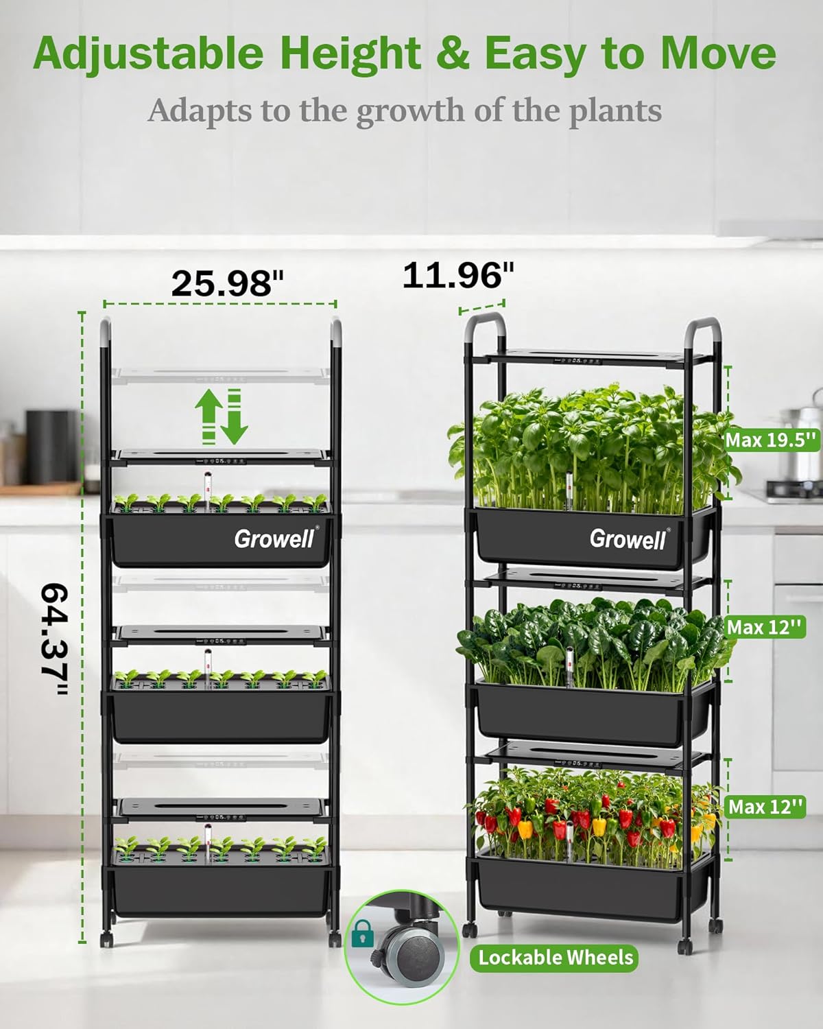 Growell Large Hydroponics Growing System Kit, Vertical Indoor Herb Garden Kit with LED Grow Light & Independent Water Pump, 42L Movable Indoor Planter Perfect Gardening Gifts (3 Tier-81 Pods, Black)