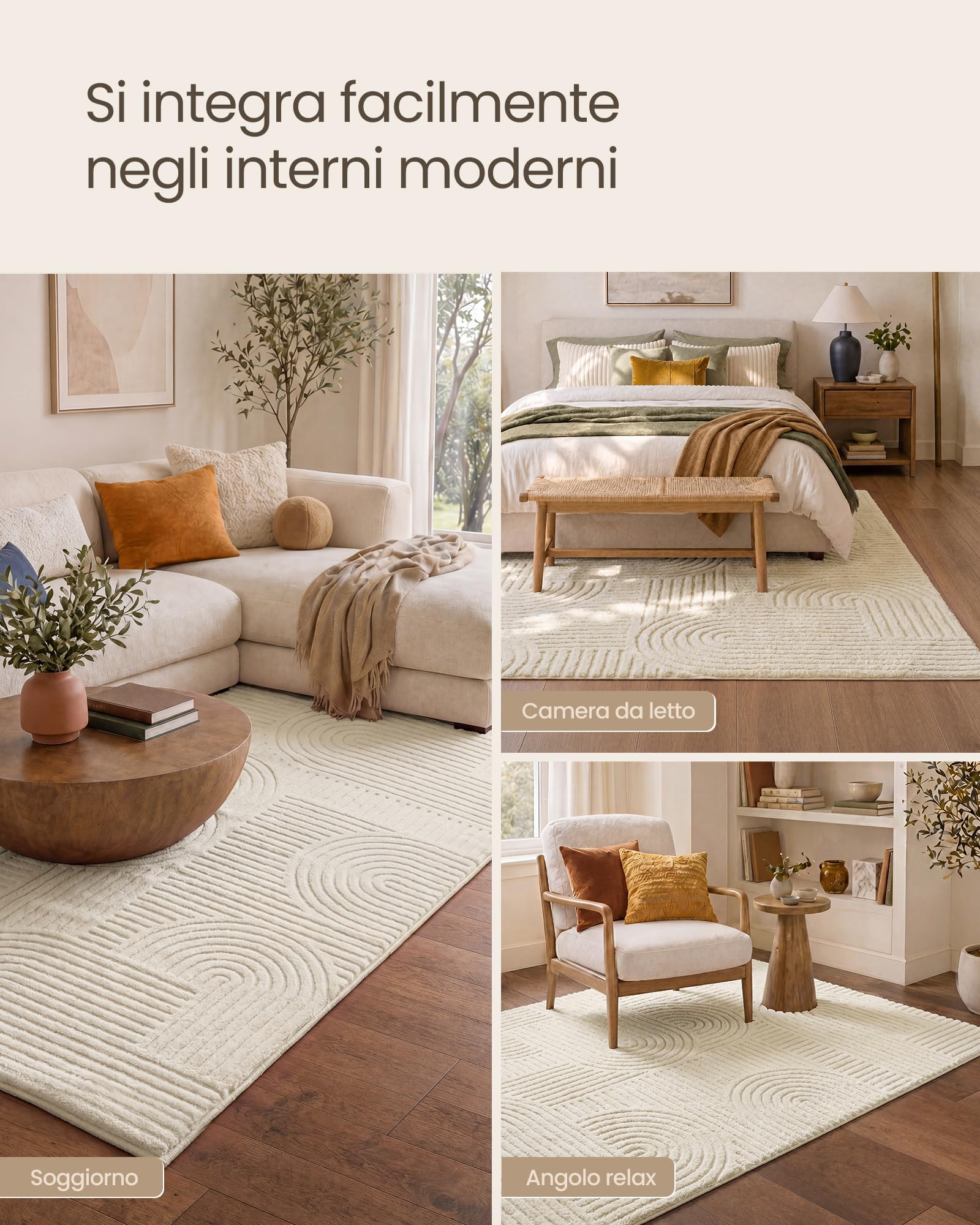 SONGMICS Tappeto, Tappeto da Salotto con Motivo Geometrico 3D, Lavabile in Lavatrice, Fondo Antiscivolo in TPR, 230 x 160 cm, per Camera da Letto e Corridoio, Crema, Collezione HILA TAR134WZ02