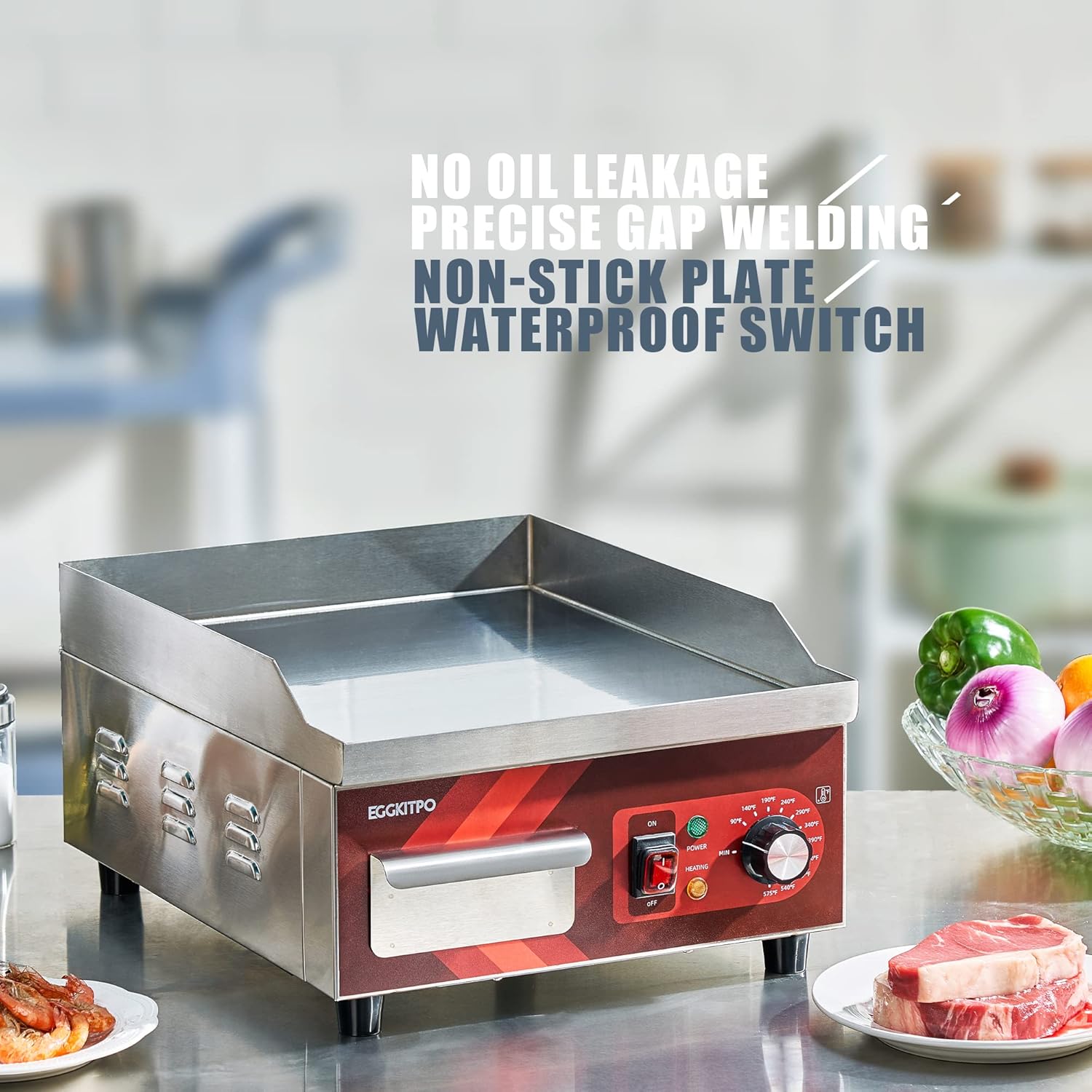 EGGKITPO 14 Inch Electric Griddle, Non-Stick Flat Top Grill Commercial Electric Countertop Griddles Stainless Steel Adjustable Temperature Control 90℉-575℉ for Home or Restaurant Use