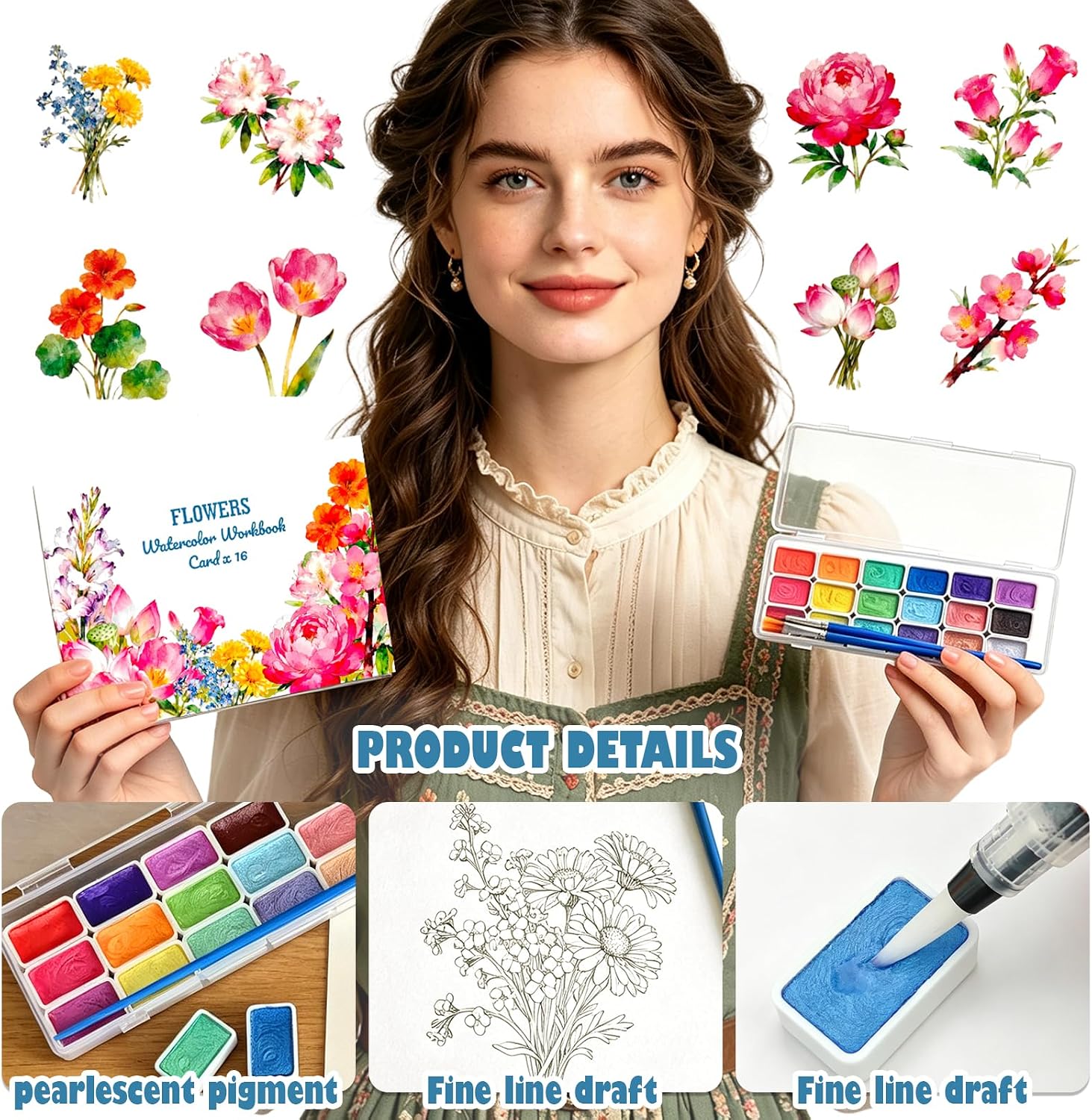 Beautiful Watercolor Book for Beginners, Water Coloring Book with 300GSM Paper, Glitters Colors Watercolor Paint Set with Brush, Watercolor Paint Book for Adults (Flower)