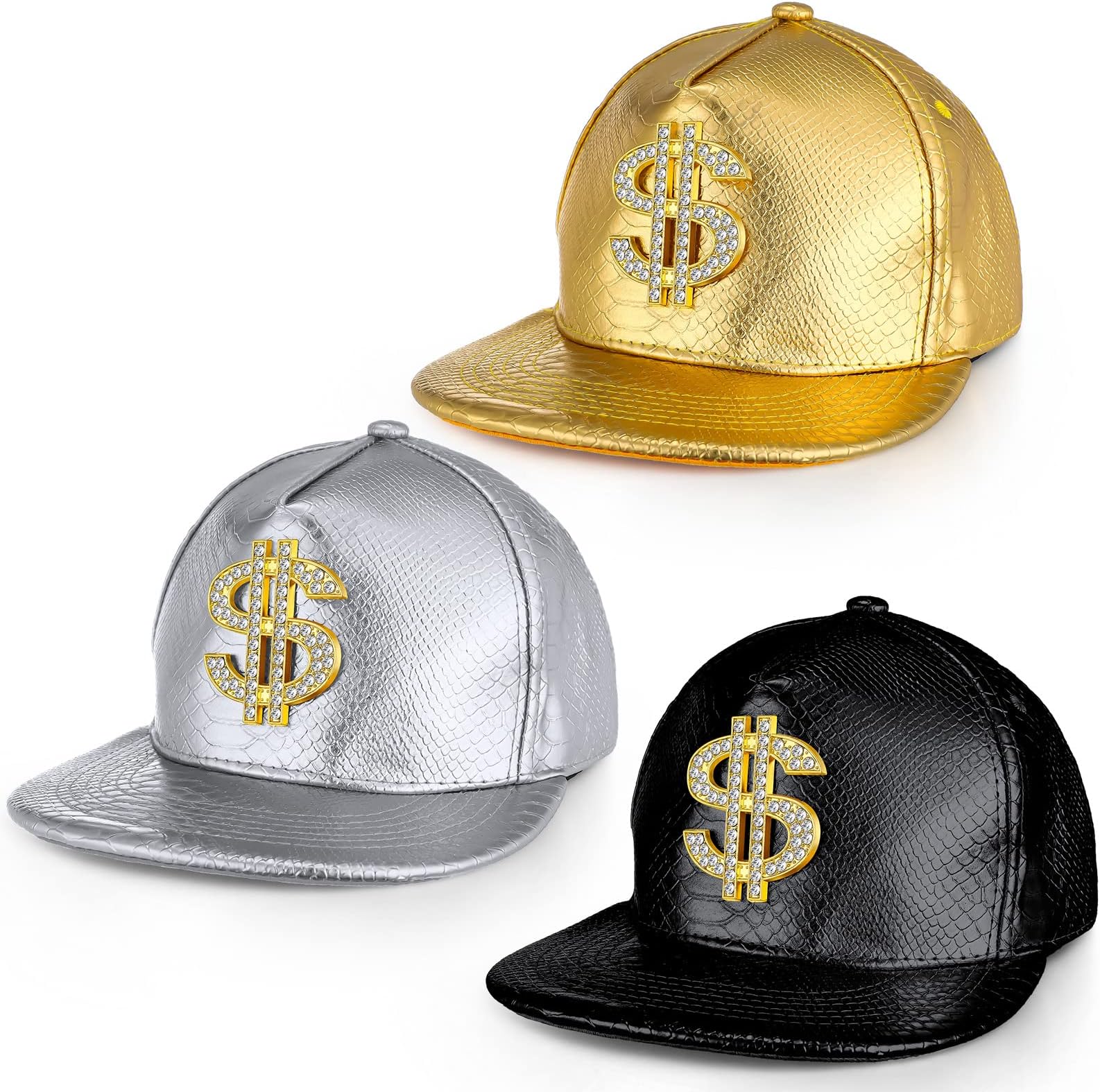 Zhanmai3 Pieces Funny Hat Gold Rapper Hat 80s 90s Adjustable Hip Hop Hat Dollar Sign Gold Snapback Hat Leather Brimmed Baseball Cap for Men, ['Gold', 'Silver', 'Black'], Large