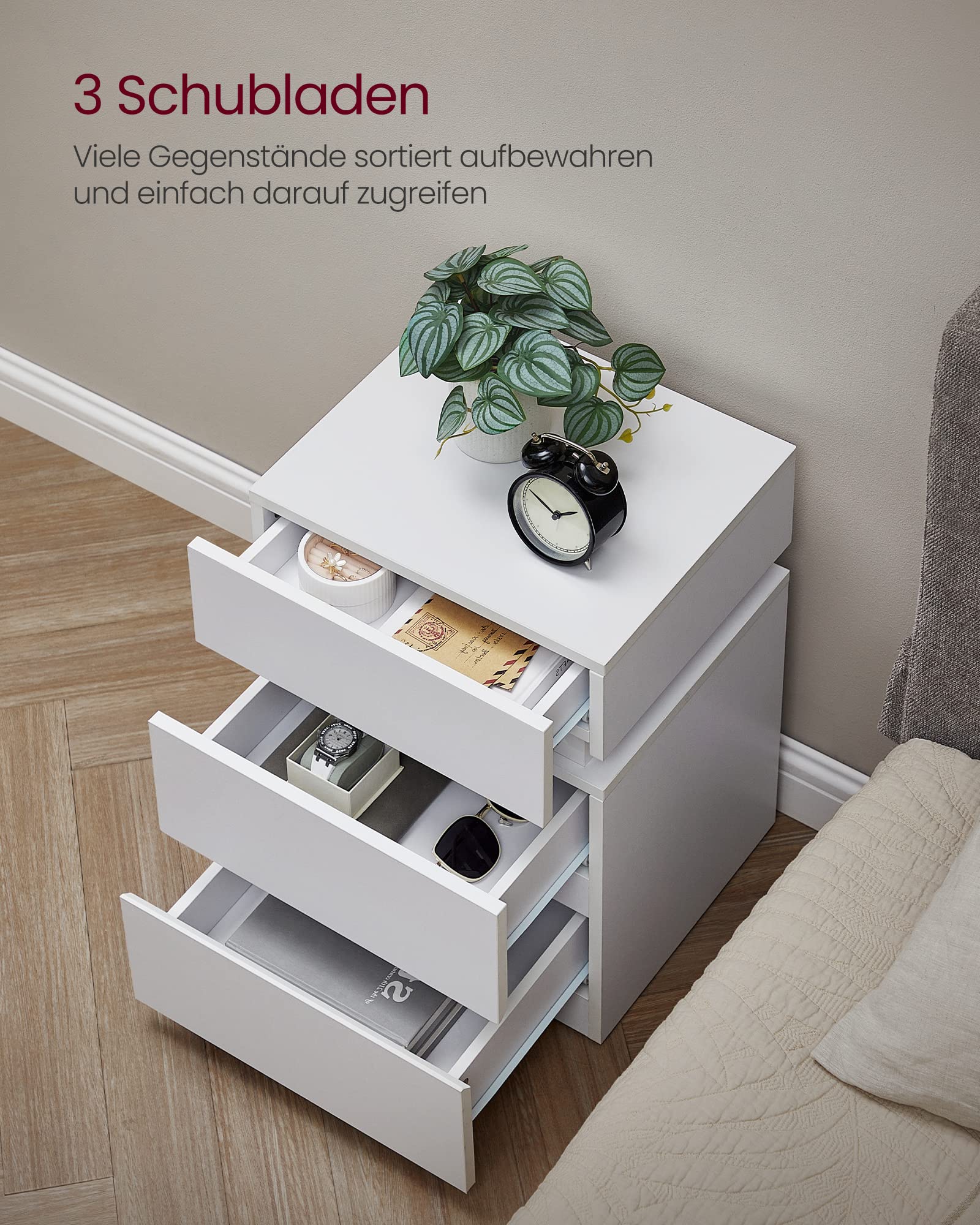 VASAGLE Kailyn Kollektion - Nachttisch, 2er Set, Beistelltisch mit Steckdosen, Schiebedeckel, 3 Schubladen, LED-Beleuchtung, Kleiner Tisch, modern, 40 x 35 x 55 cm, wolkenweiß LET0830W01