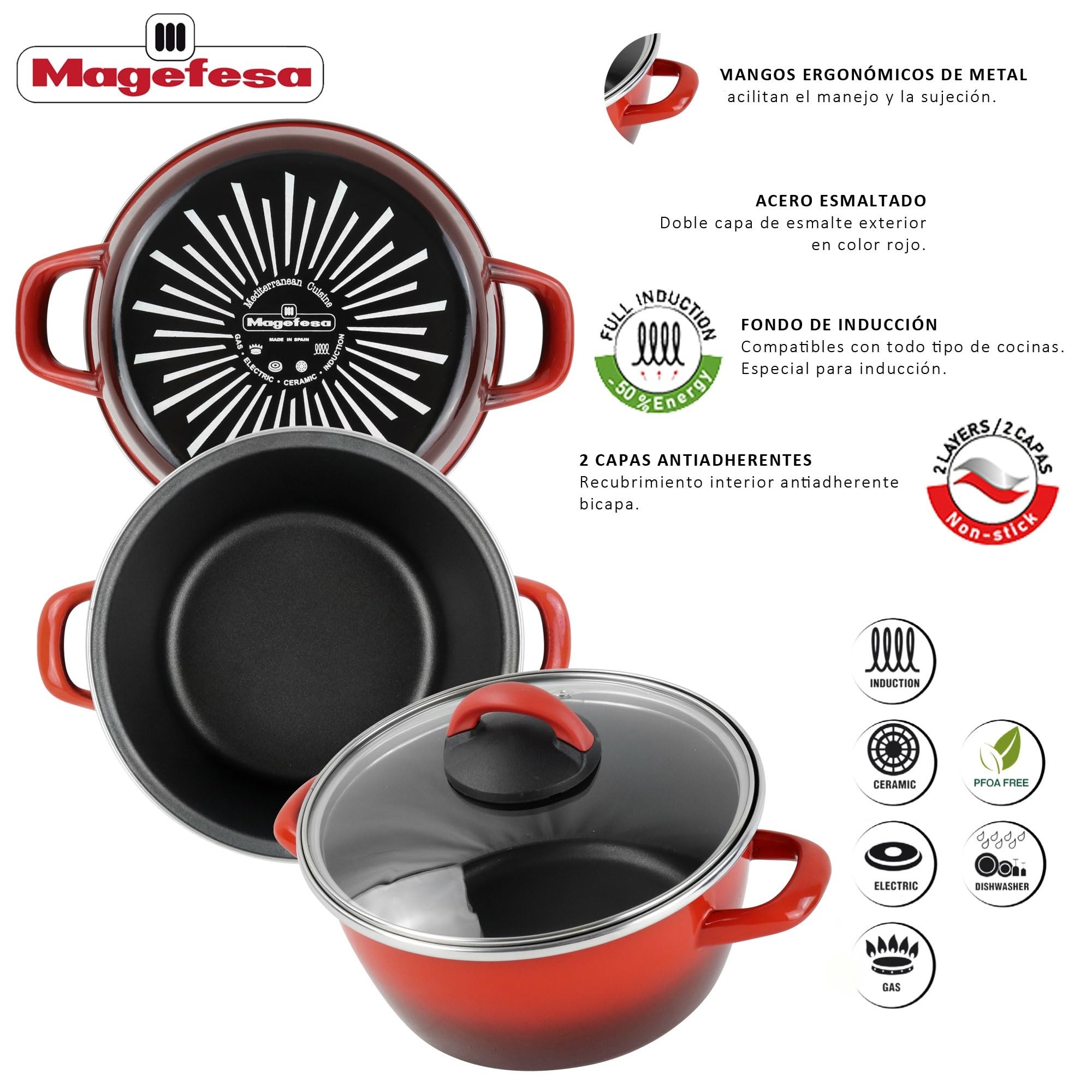 Cacerola 'SR' Ø28cm CON tapa de vidrio color rojo Magefesa
