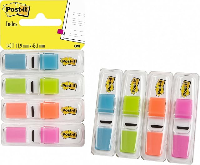 Post-it Index Small in Clear Dispenser, 140 Flags - 4 Colours x 35 per Pack
