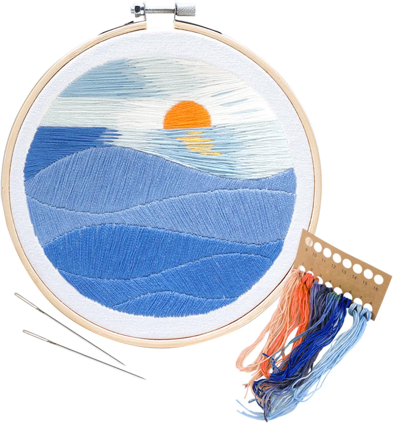 Unime Embroidery Starter Kit with Pattern Full Range Embroidery Kit with Embroidery Cloth, Embroidery Hoop, Color Threads, Needles (Sunset)