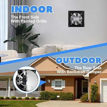 6 Inch Exhaust Fan, 341CFM Stainless Steel Bathroom Exhaust Fan, Wall Mounted Garage Ventilation Fan, Basement Extractor Fan with Backdraft Damper Ideal for Attic, Greenhouse, Basement, Shed
