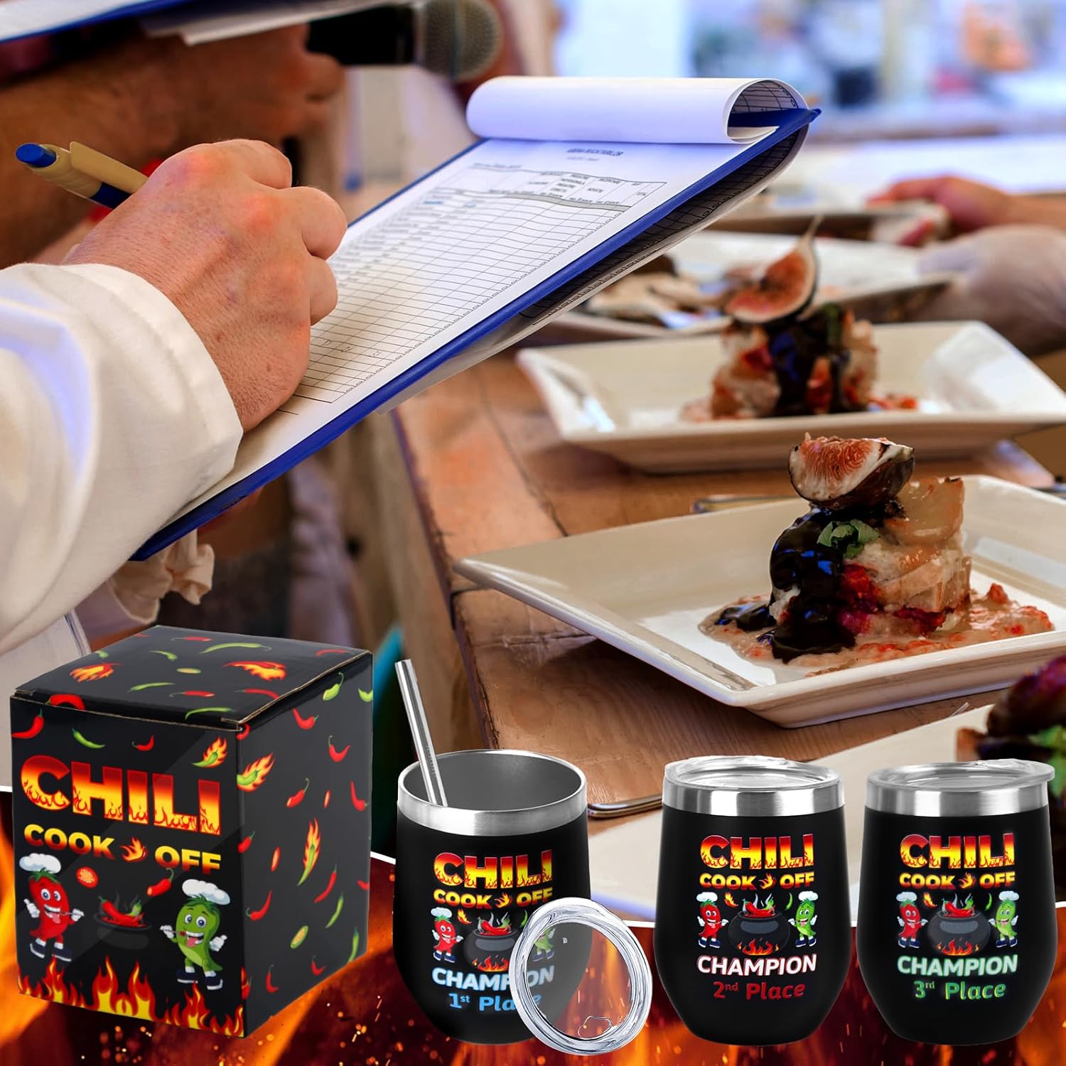 3 Pcs Chili Cook Off Prizes Trophies Cups 1st 2nd 3rd Place Chili Cups Awards 12 oz Stainless Steel Insulated Tumbler with Lids Straws Brush Chili Boxes Chili Cook Off Decorations Supplies - Image 5