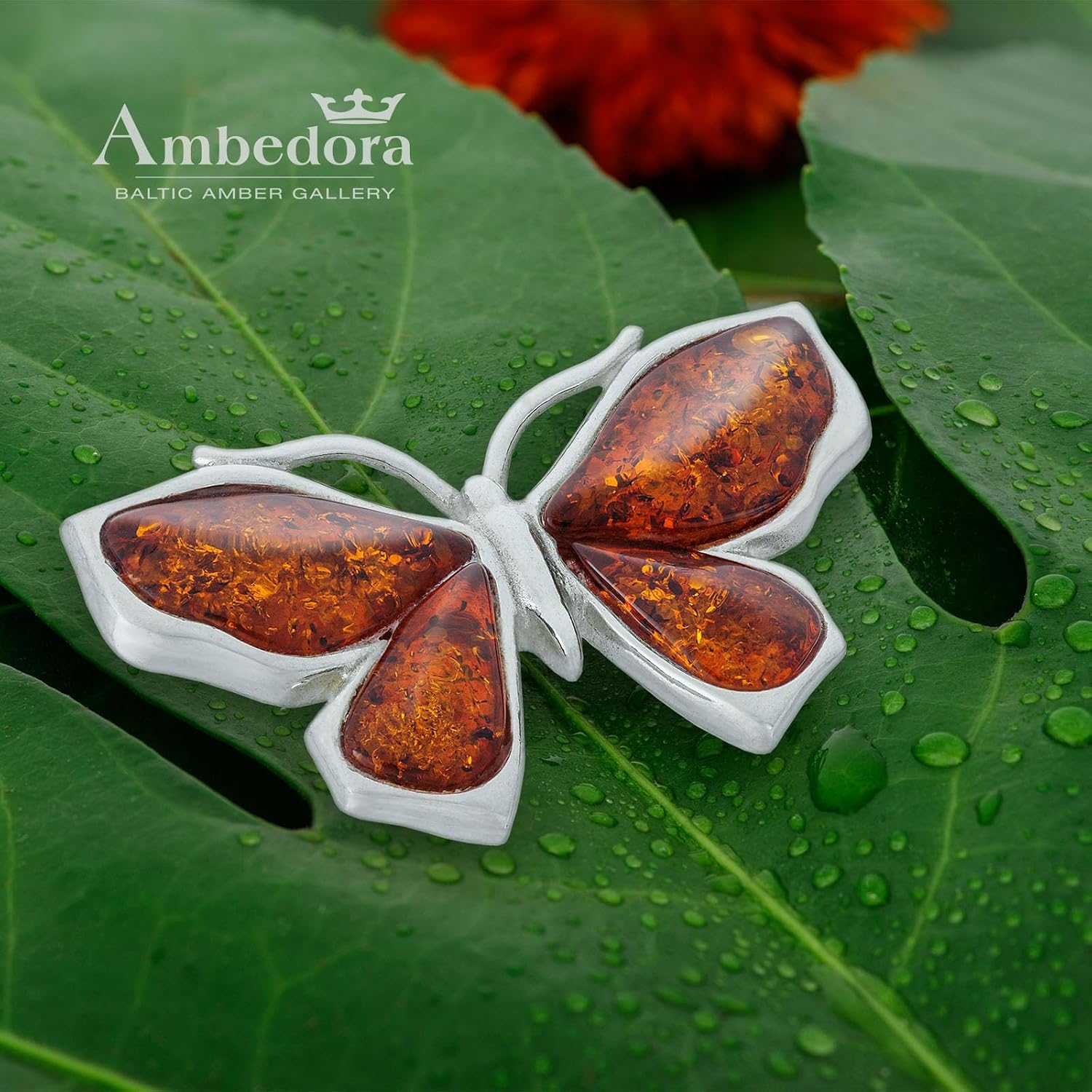Women's Silver Small Butterfly Brooch with Amber, Polished Sterling Silver, Baltic Amber in Cognac Colour