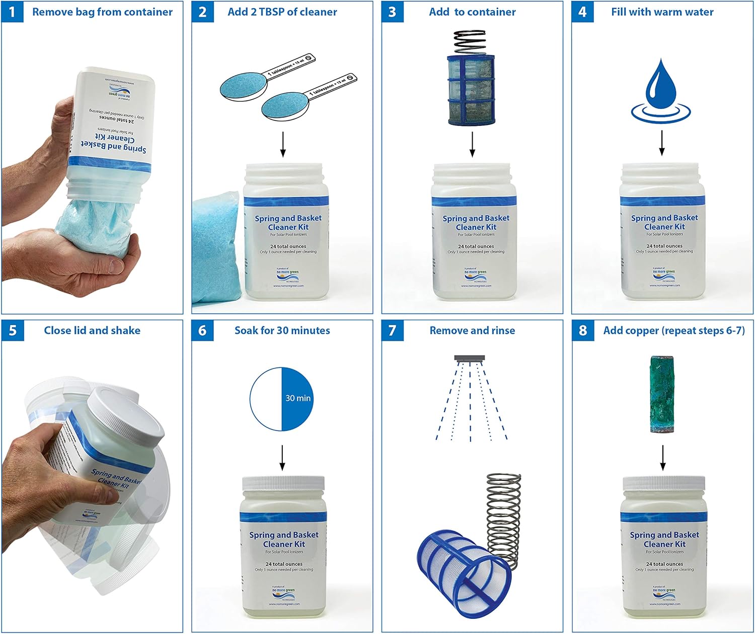 Solar Pool Ionizer Cleaning Kit, Includes Spring and Basket Cleaner, Copper Ionizer for Pools, Easy Cleaner Kit Ionizer, Up to 24 Cleanings - Lifetime Replacement Warranty