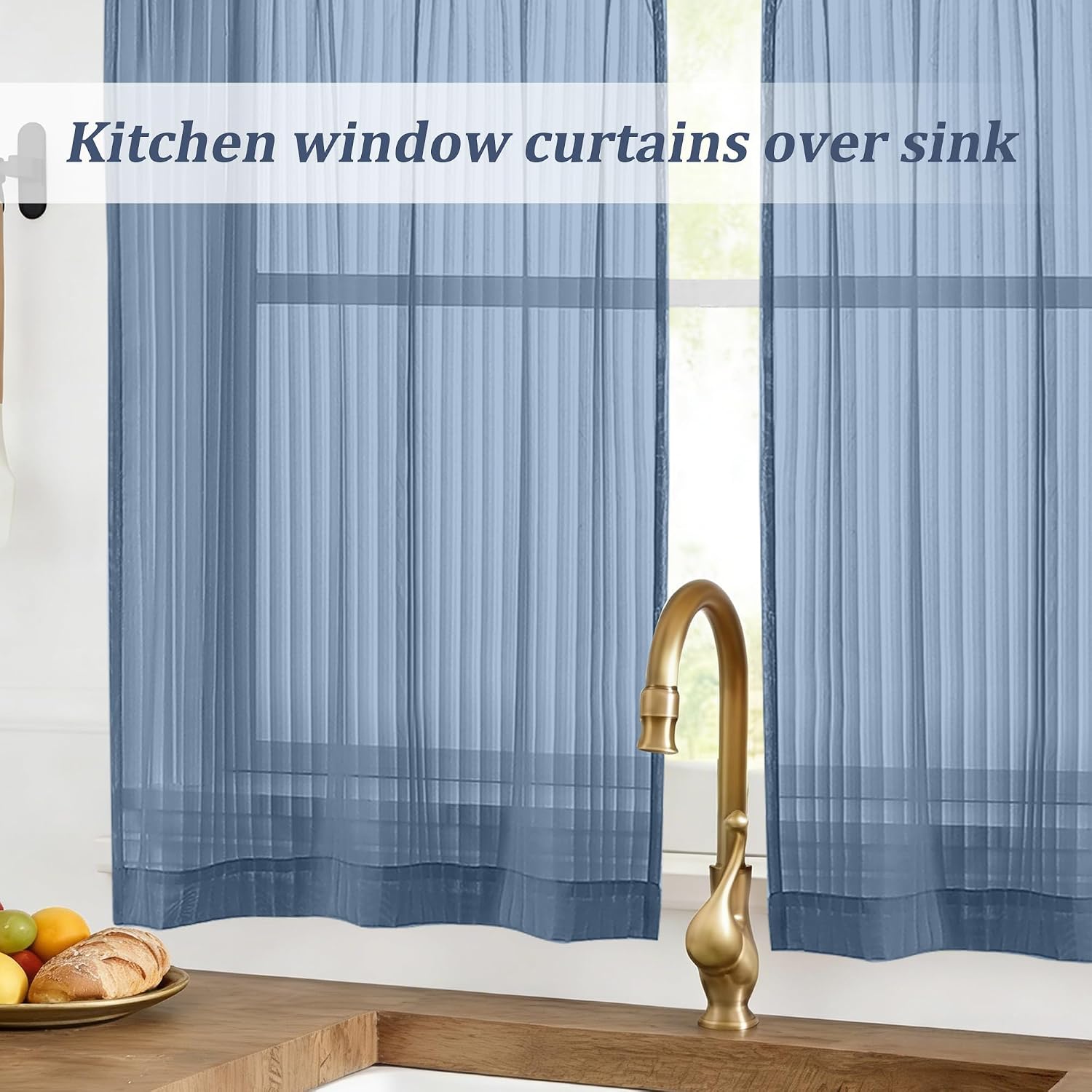 OWENIE Denim Striped Kitchen Curtains - Short Semi Sheer Cafe Curtains Tier 36 Inch Length 2 Panels Set, Light Filtering Textured Airy Modern Drapes for Bathroom Bedroom Small Window, 2PCS 30" Wx36 L