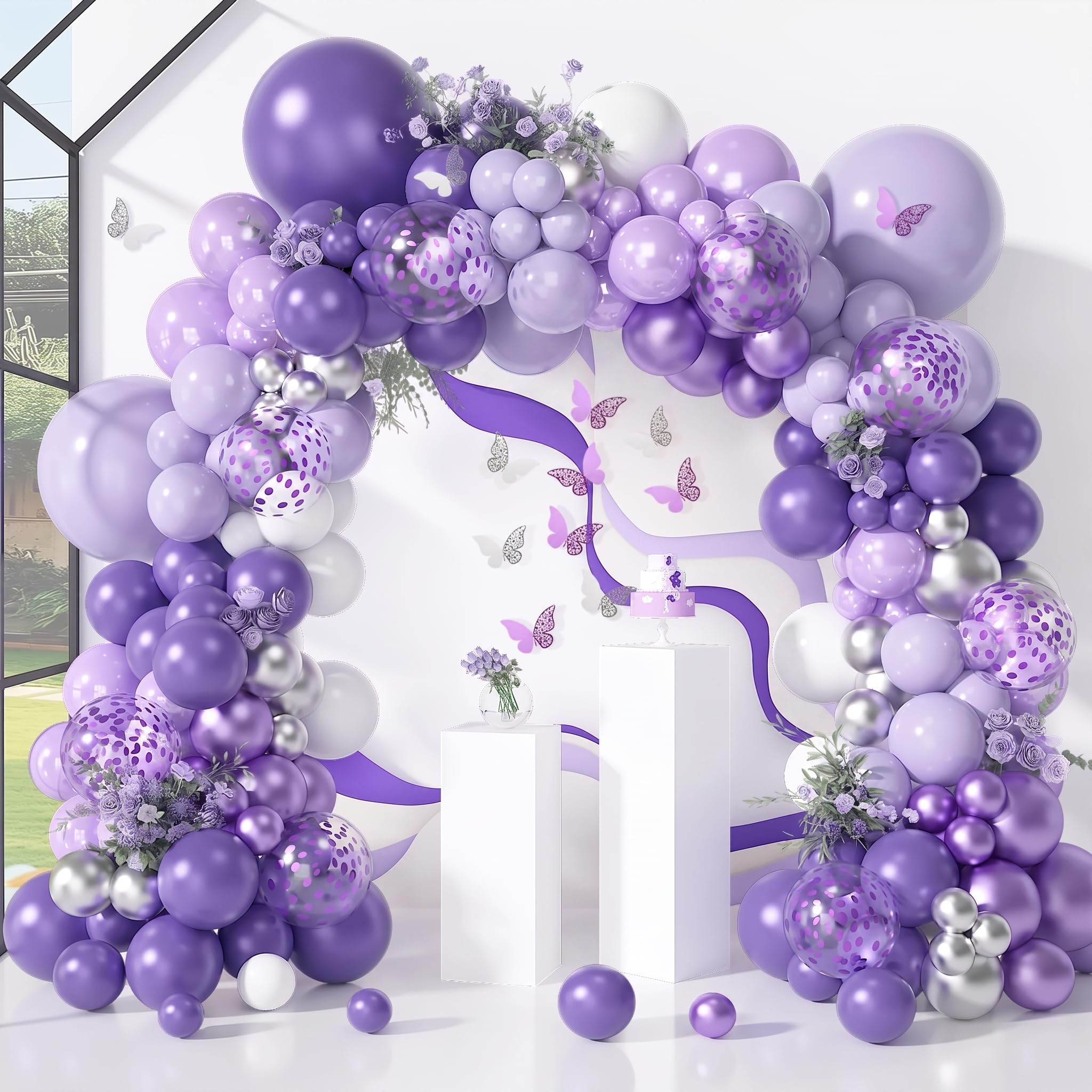 144Pcs Purple Balloons Garland Arch Kit for Butterfly Birthday | Baby Shower Decorations for Girl 12Pcs Butterfly Stickers Lavender Purple Confetti Metallic Balloon Wedding Party Decoration