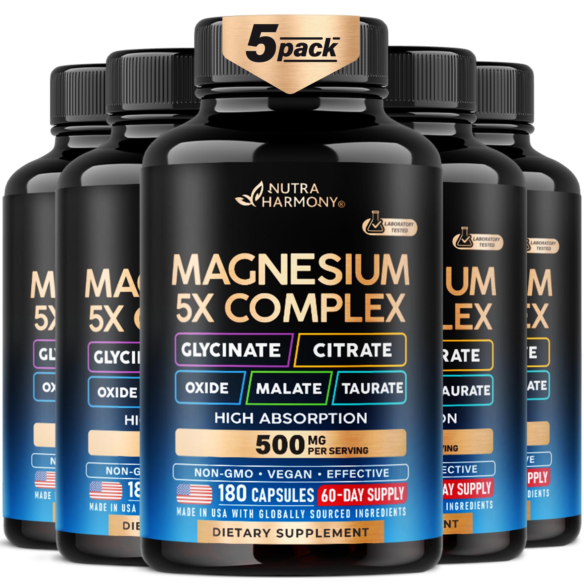 Magnesium Complex - Glycinate, Citrate, Malate, Taurate, Oxide - 180 Caps (Pack of 5)