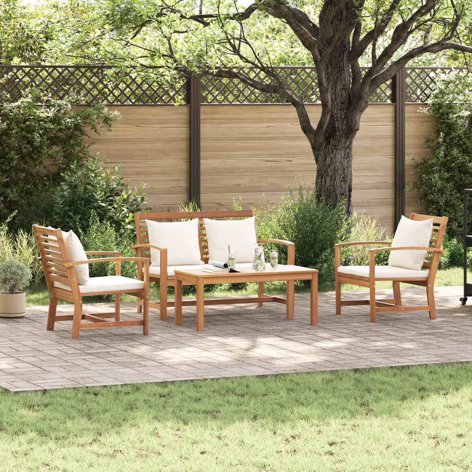 Ensemble de Jardin 5 Pièces en Bois de Teck Massif, Salon de Jardin Naturel avec 4 Fauteuils et 1 Table Basse pour Terrasse et Balcon, Design Moderne et Confortable