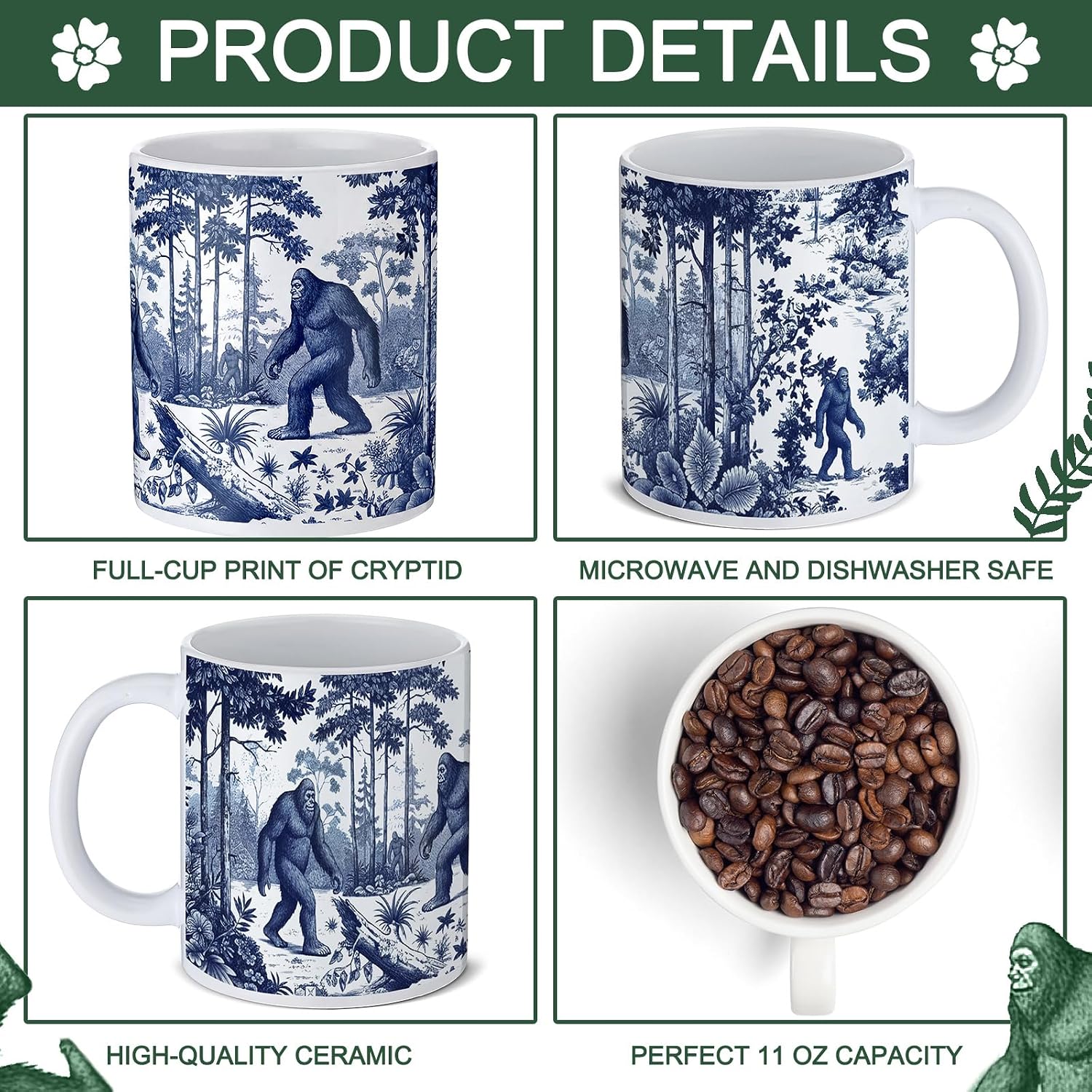 Rtteri Bigfoot Coffee Mug Gift 11 oz Funny Spooky Cup Full Print Pattern image 3