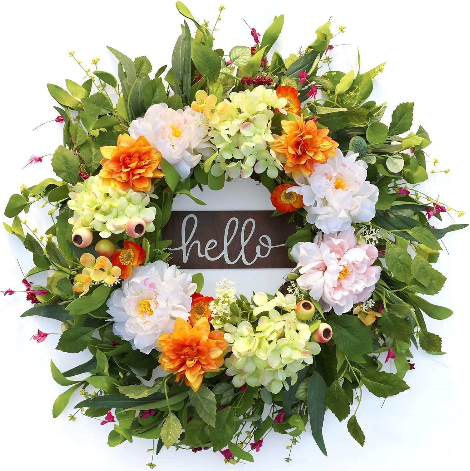 24" Spring Summer Wreaths for Front Door with Hello Sign,Hydrangea Wreath with Dasiy Peonies Berries Eucalyptus.Greenery Wreath for Front Door,Porch,Farmhouse,Wall,Window Inoor Outdoor Decor