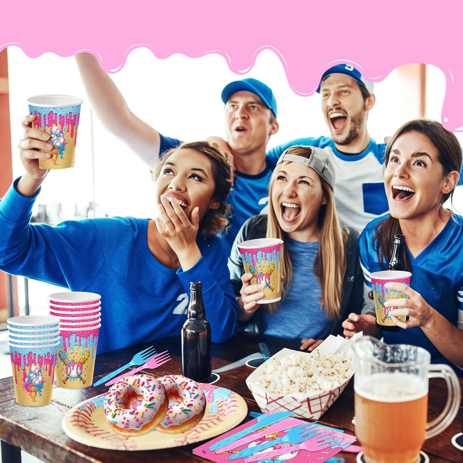 250 Pcs Ice Cream Drip Baseball Party Supplies Ice Cream Paper Plates Cup Napkins Knife Fork Set Summer Sports Disposable Tableware for Icecream Baseball Birthday Party Supplies (250)
