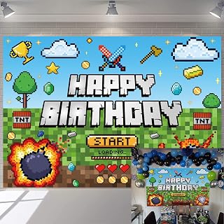 Video Game Pixel Happy Birthday Backdrop for Kids Game Room Decoration Game Player Party Decoration Backdrop Game Theme Party Photography Background 5x3ft