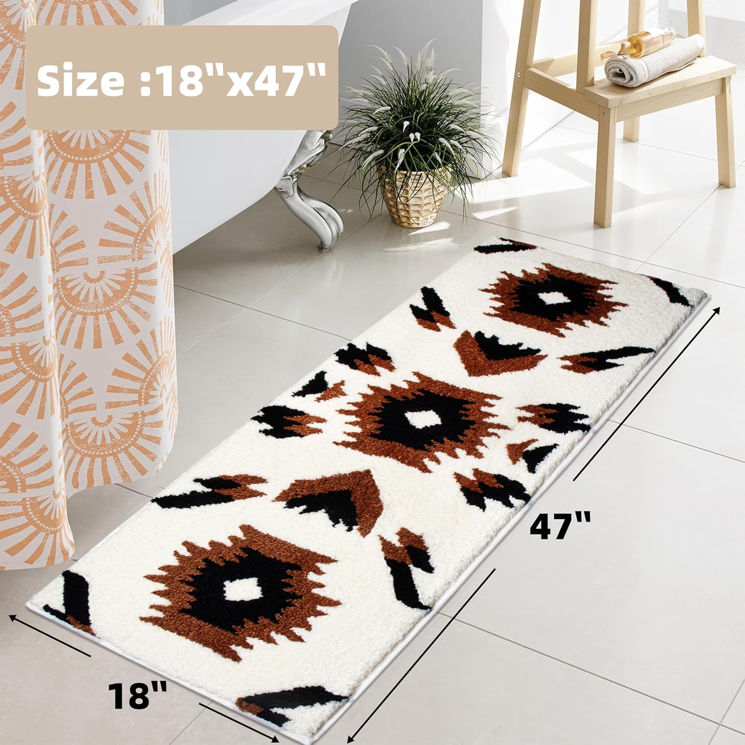 Boho Western Bathroom Runner Rug, Aztec Non-Slip Soft Absorbent Bath Mat, 18 x 47 Inch Long Farmhouse Bathroom Decor, Beige Shower Mat Machine Washable