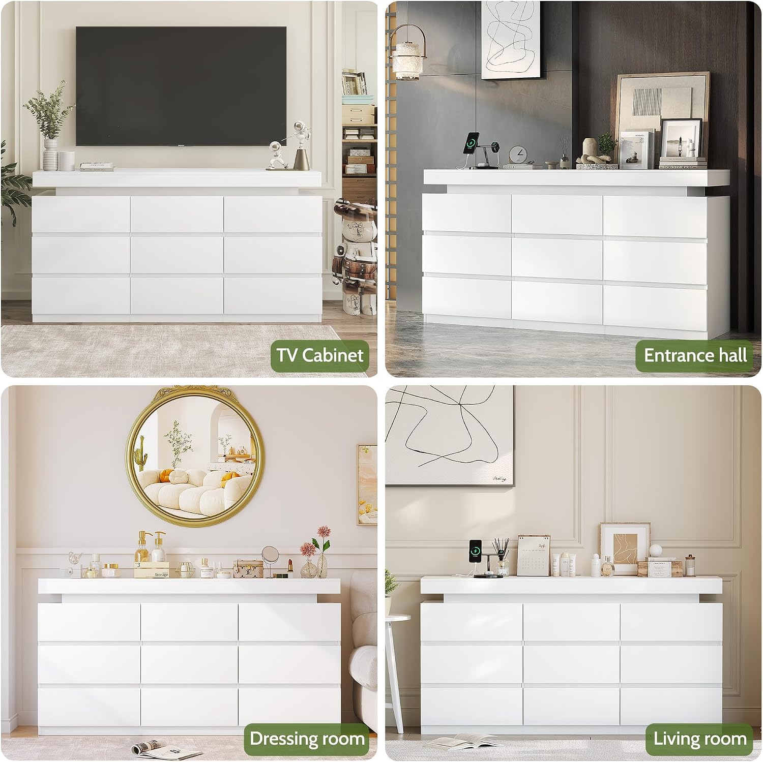 Vipbear Modern 9-Drawer Dresser with Power Outlet - White Storage Cabinet with LED Lights, Wide Chest of Drawers with Charging Station, Organizer for Bedroom, Closet, Living Room
