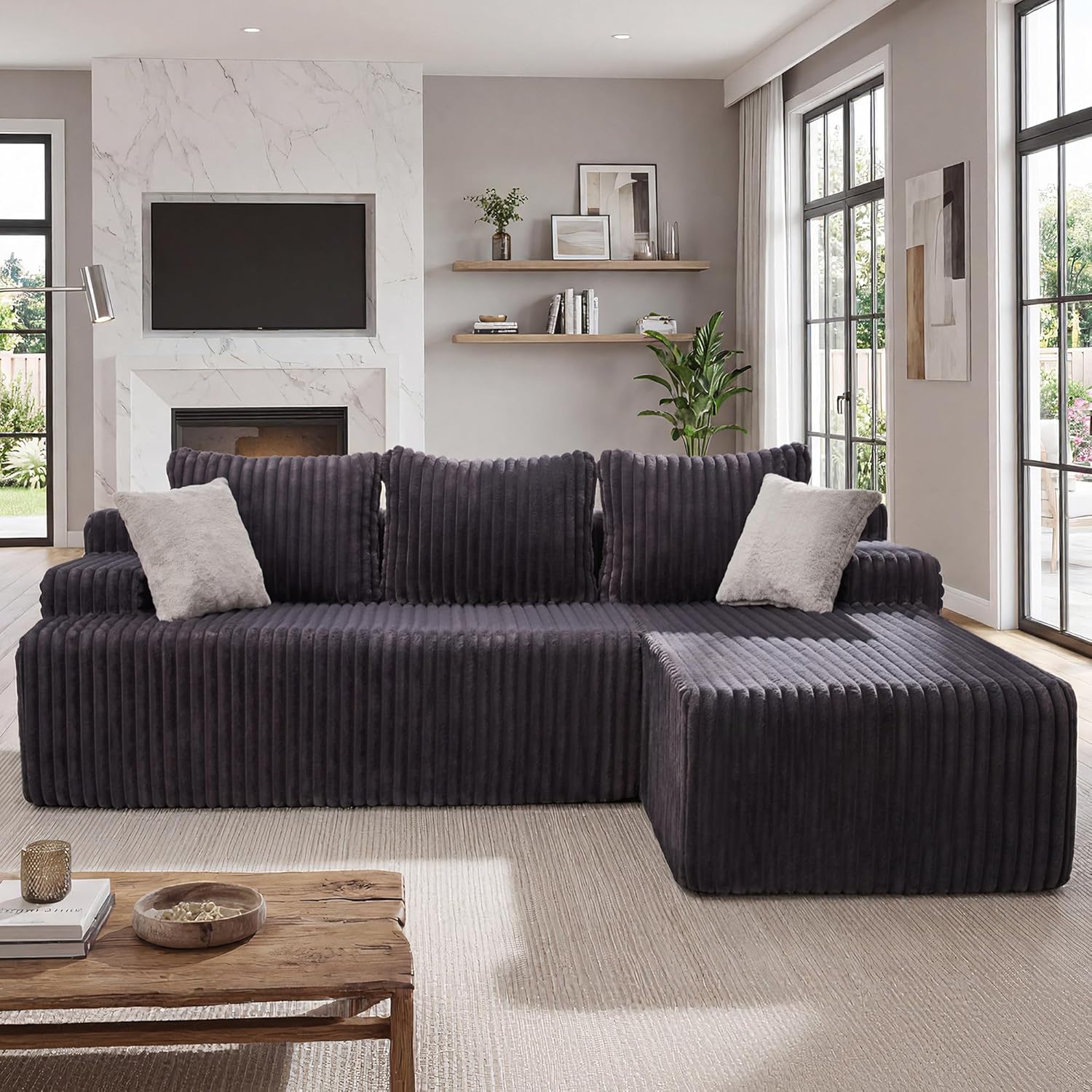 Modular Sectional - L-Shape Cloud Seating with Memory Foam, Convertible 3-Seat Living Room Furniture, Oversized Chaise Lounge, Washable Cover (Darkgrey, 98", Right Hand Facing)