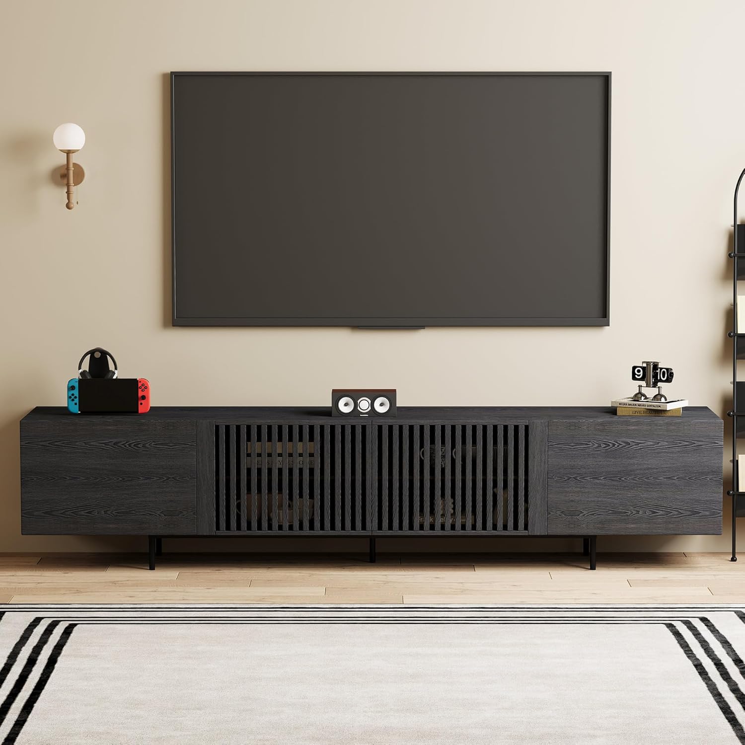 Mid Century Modern Black TV Stand for 80 Inch and Larger TVs, 94.48" Media Console with Solid Wood Slatted Doors, Metal Base, Stylish Entertainment Center for Living Room or Bedroom