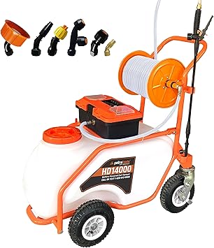 PetraTools 14 Gallon Push Cart Battery Powered Sprayer - Weed Sprayer for Lawn & Garden with 7 Nozzles, 90 PSI Electric Pump, Off Road Wheels, Battery Operated HD14000 Prime - Large Cart
