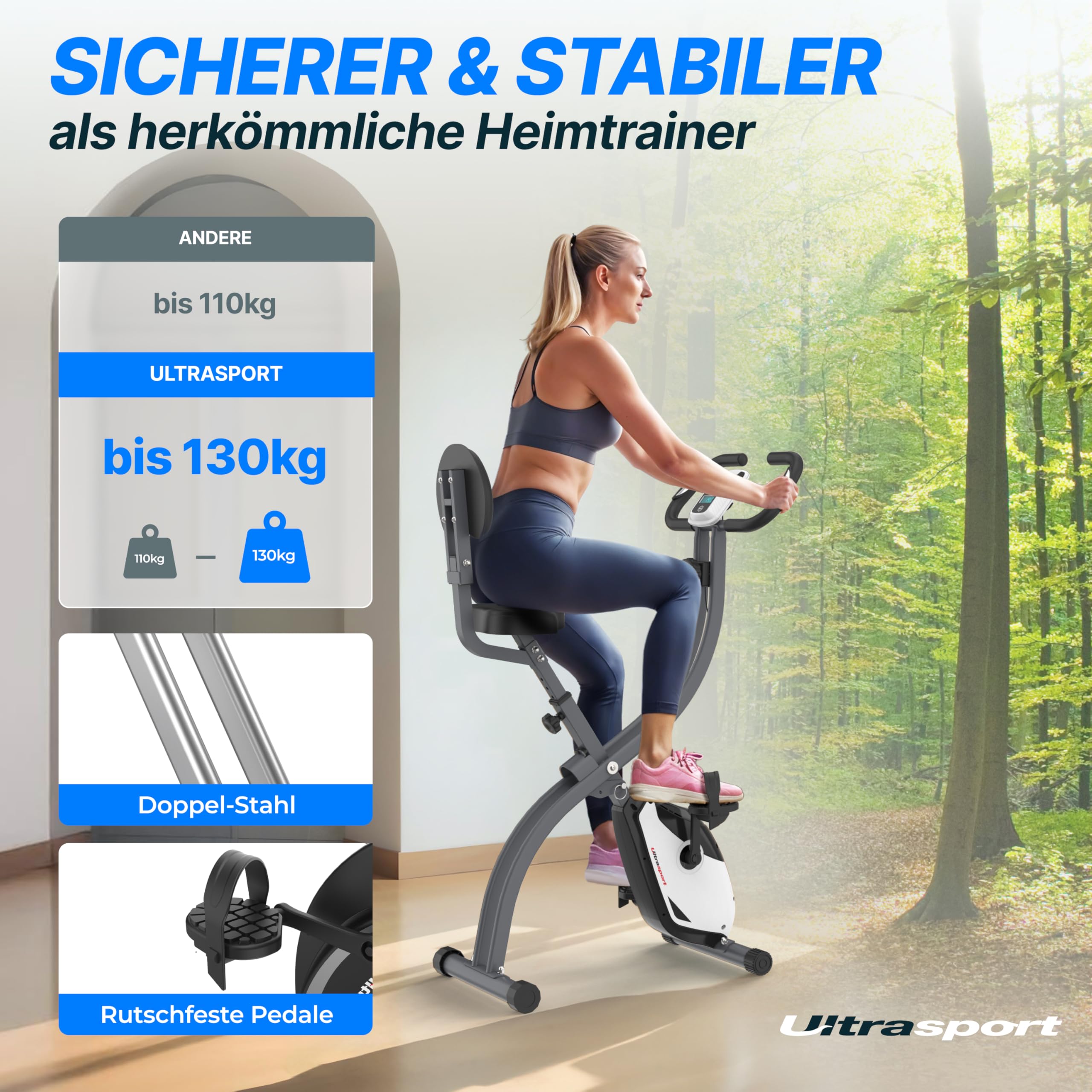 Ultrasport F-Bike 150/200, Heimtrainer, 8 Widerstandsstufen, Tablethalterung, Handpulssensoren, faltbar, platzsparend, LCD Display, für Sportler und Senioren