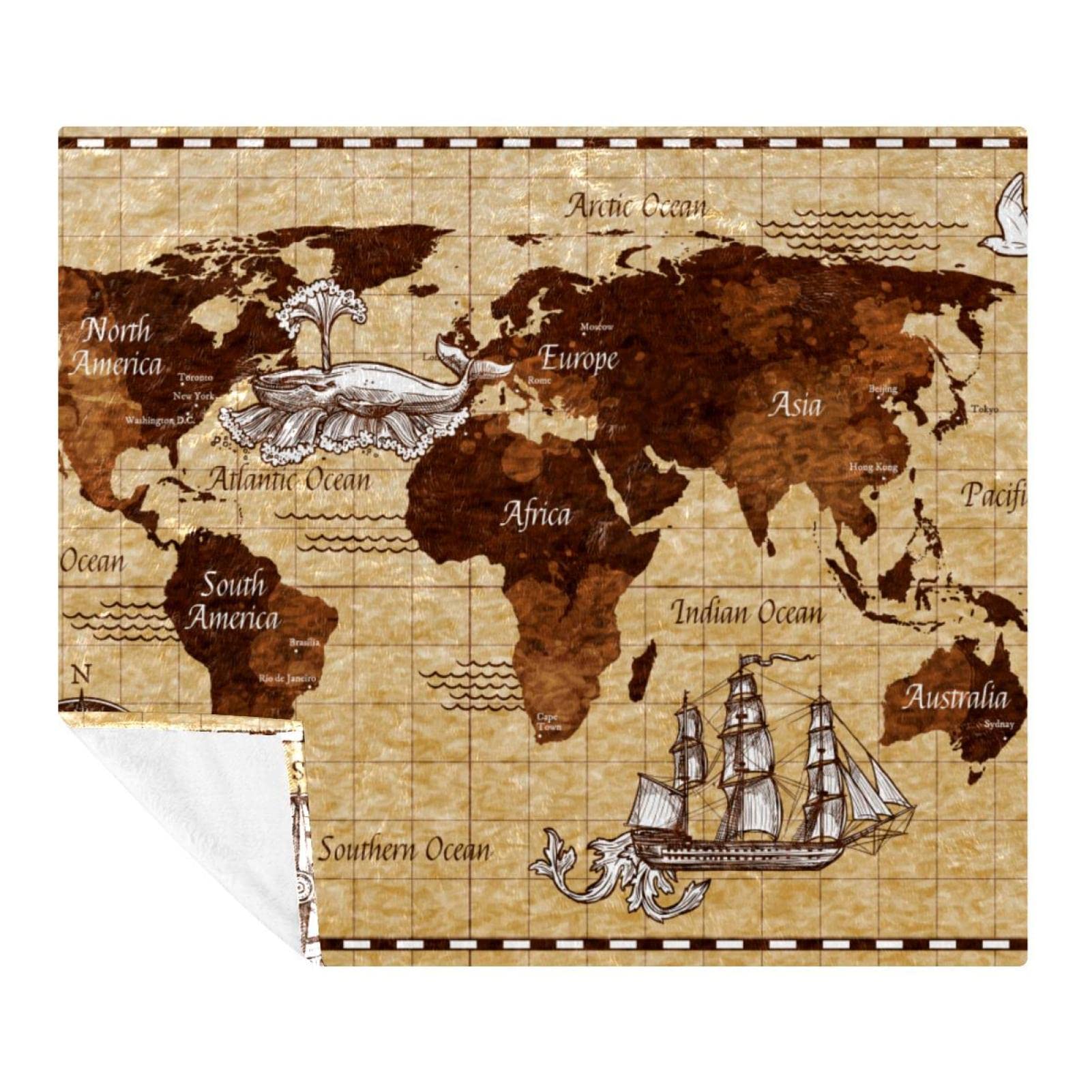Coperta in pile, super morbida e lussuosa, mappa del mondo vintage (2)