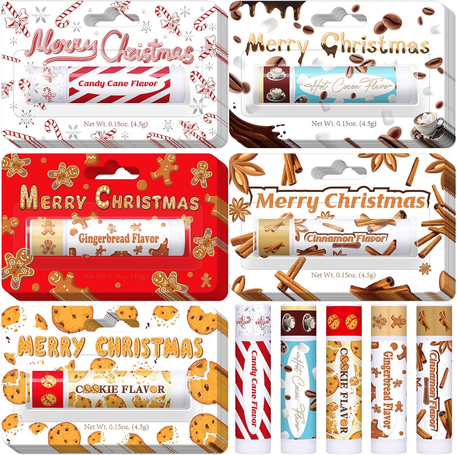 75 Pcs Christmas Lip Balms Bulk Peppermint Candy Flavor Lip Balm Holiday Gingerbread Hot Cocoa Cookie Cinnamon Flavor Christmas Party Gifts Stocking Stuffers for Women Employee Coworkers