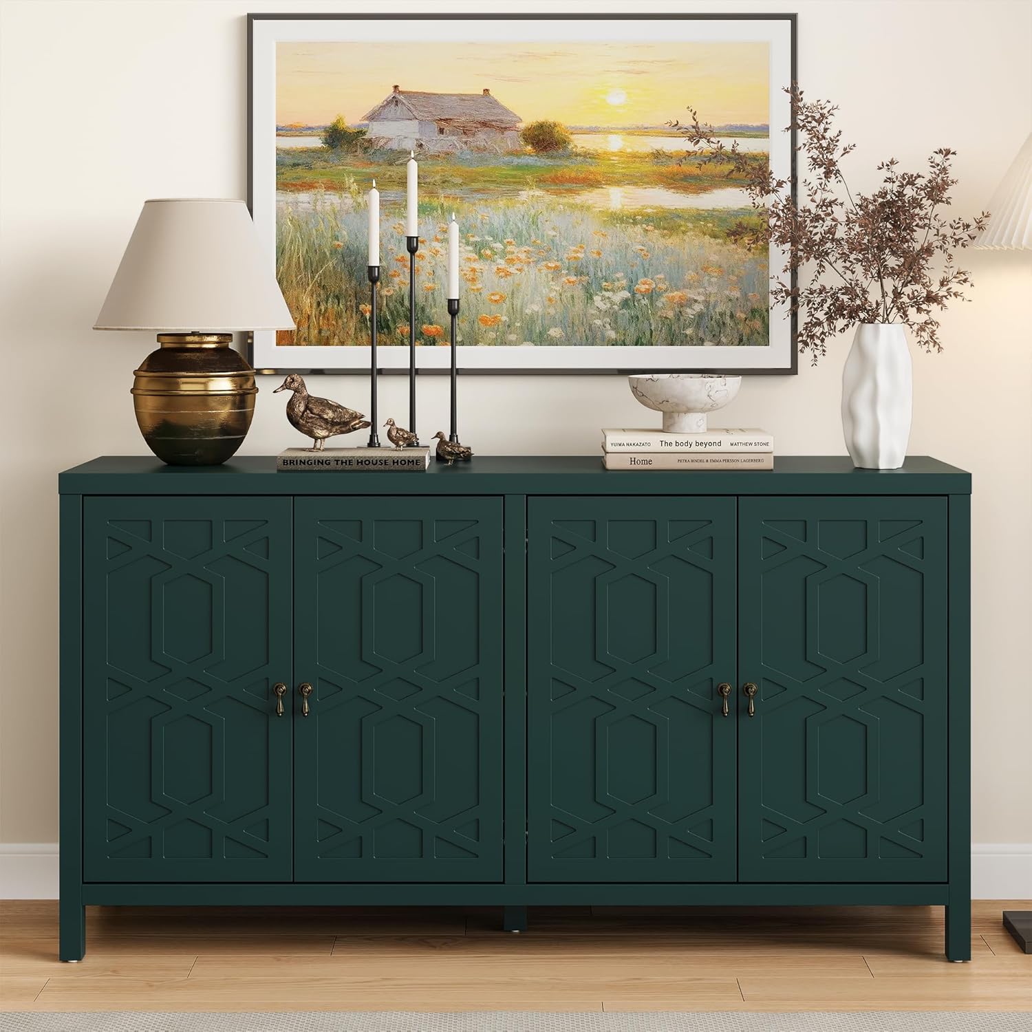 RoyalCraft 60'' Forest Green Modern Sideboard Buffet Cabinet with 4 Doors, Adjustable Shelves - Credenza for Dining Room, Kitchen, Living Room