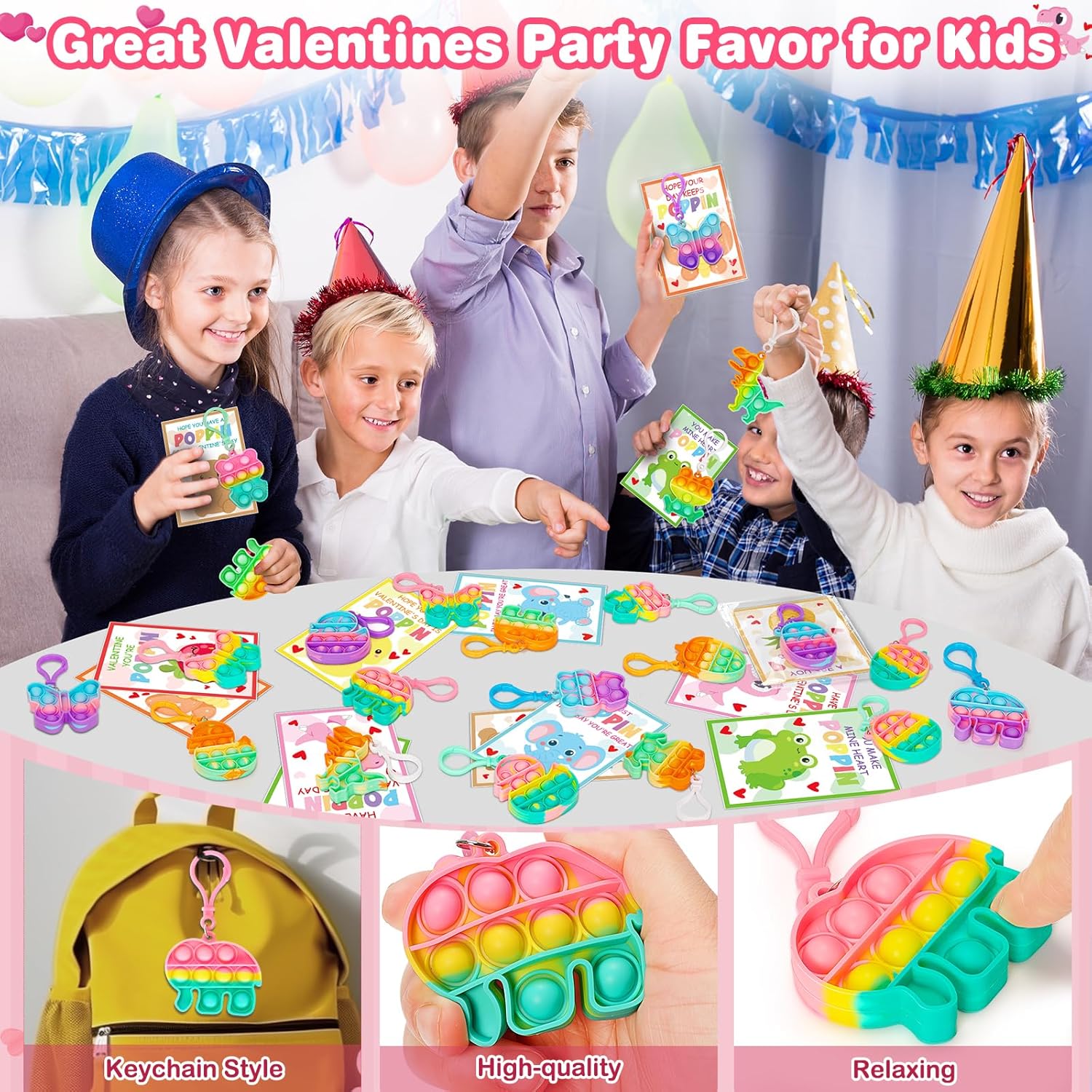 Jumlys Valentines Day Cards for Kids School, 24 Pack Pop Fidget Keychains Bulk, Valentine Day Party Favors for Boys Girls, Ideal Exchange Cards for Classroom