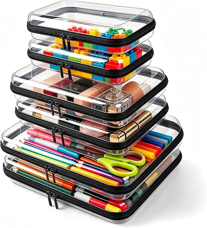 Kit com 6 necessaires transparentes KIUGCO com zíper, tamanhos variados, pretas