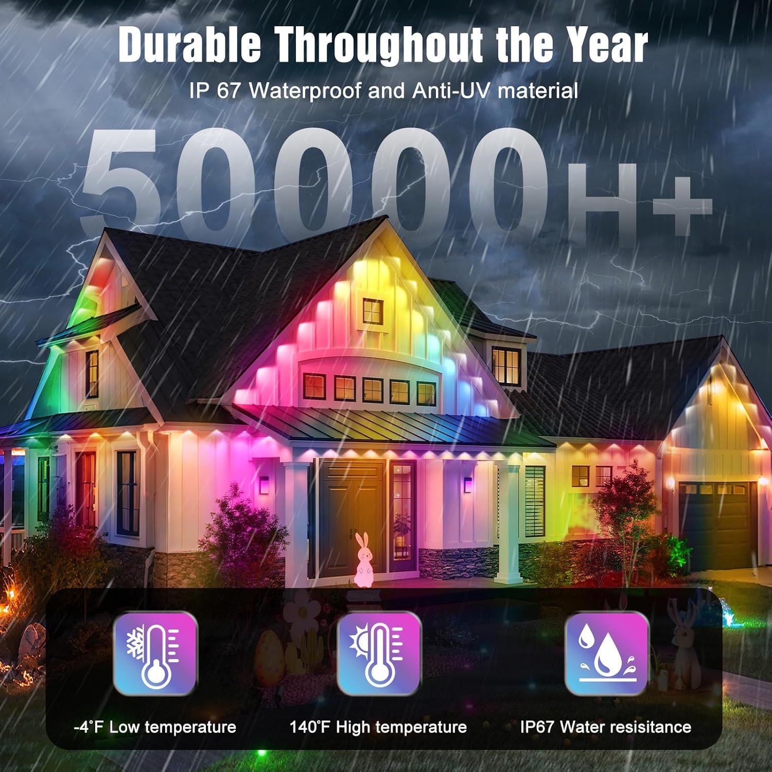 JOH Permanent Outdoor Lights, 100FT with RGB+IC Smart LED Outdoor Lights for House, App & Remote Control, DIY Scene Modes, IP67 Waterproof Christmas Light, Holiday, Party, Halloween Decorations - Image 3