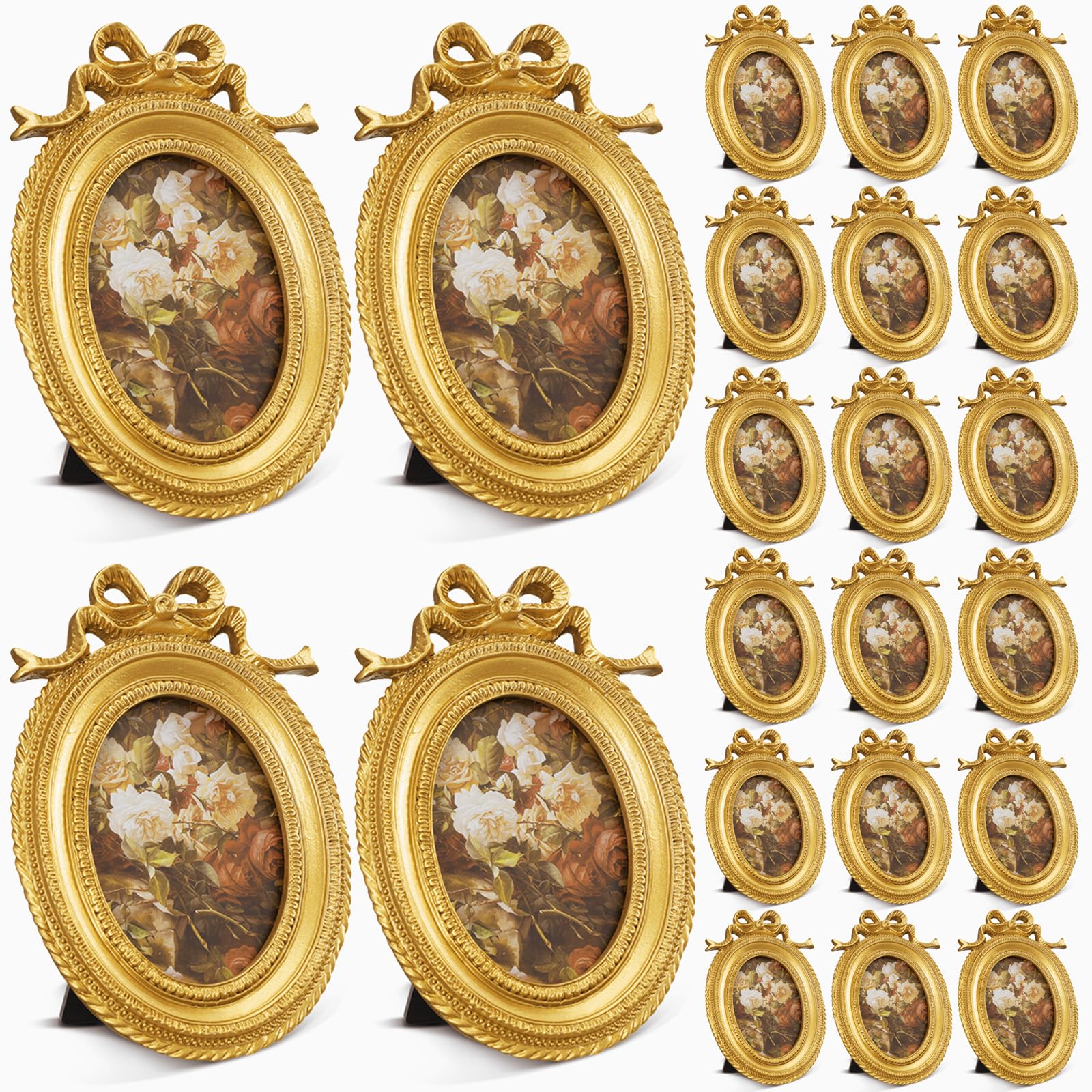 Vicenpal Kleine Bilderrahmen im Vintage-Stil, oval, goldfarben, Vintage-Stil, Barock, kunstvolles antikes Harz, oval, Tischdisplay für Zuhause, Hochzeit, 20 Stück