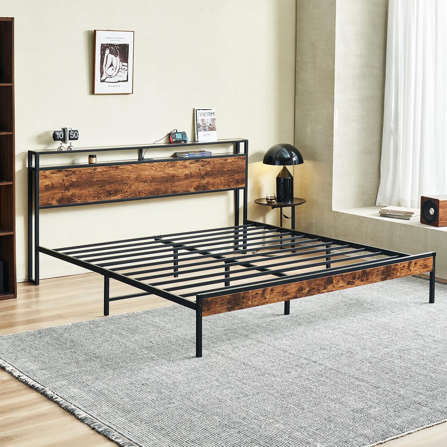 Eifizek King Size Bed Frame with Charging Station, King Platform Bed Frame with Storage Headboard, Easy Assembly, No Box Spring Needed (Brown)