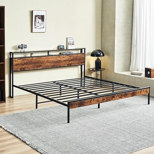 Miniatura 2 de Base de cama tamaño King con estación de carga, marco de cama de plataforma con cabecera de almacenamiento, fácil montaje, no necesita somier