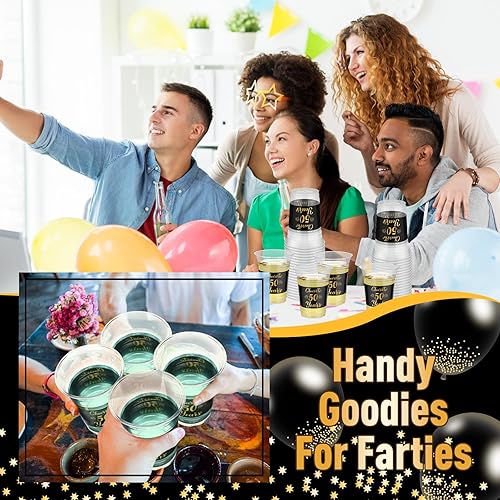 Miniatura 5 de Uiifan 50 tazas de plástico para fiesta de cumpleaños número 50, taza de oro negro de 16 onzas para suministros de fiesta de aniversario, decoración