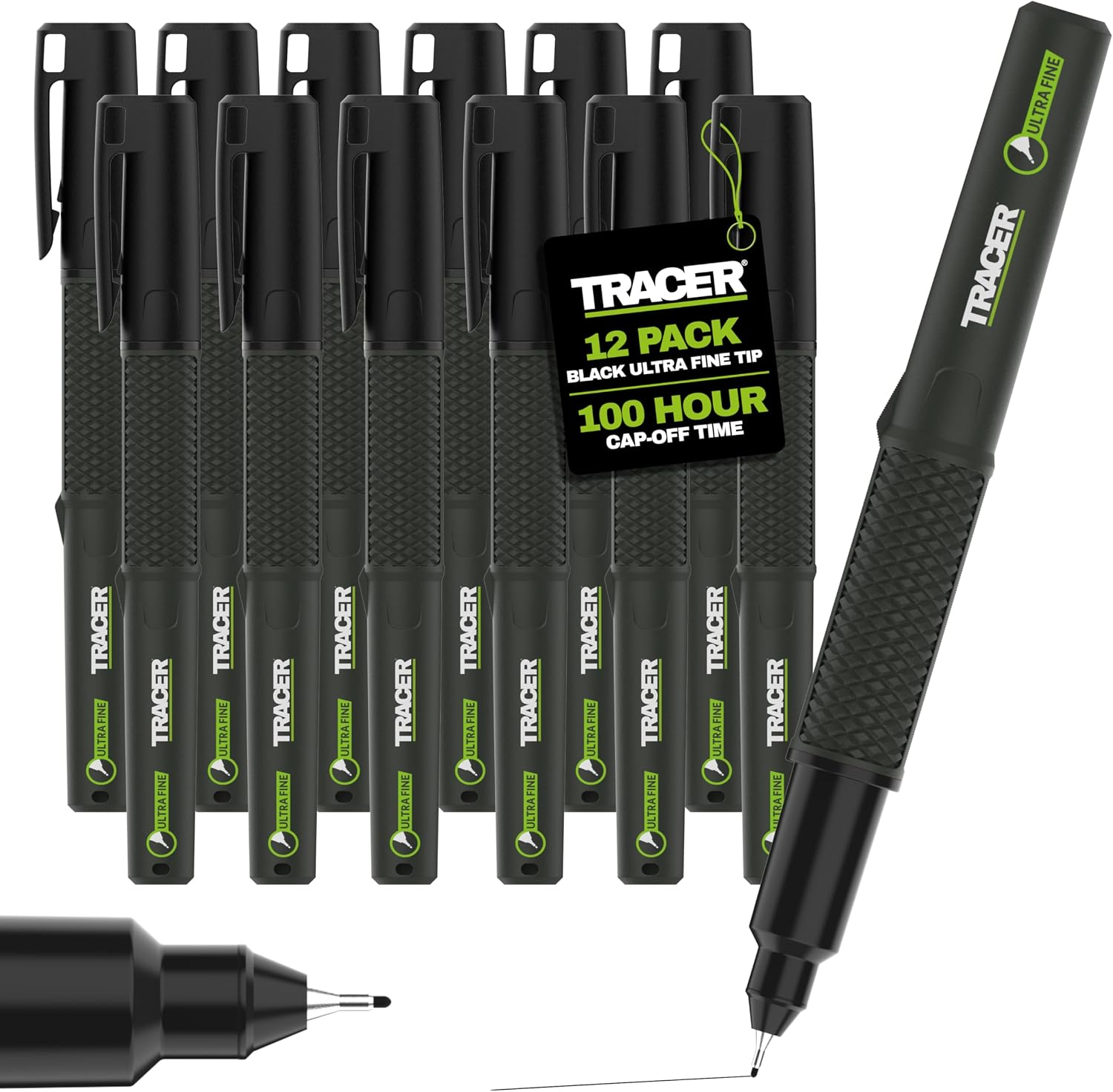 Tracer 2.0 Ultra cienka końcówka czarne markery permanentne x 12-100 godzin czasu zaślepki, szybkoschnące czarne markery x 12