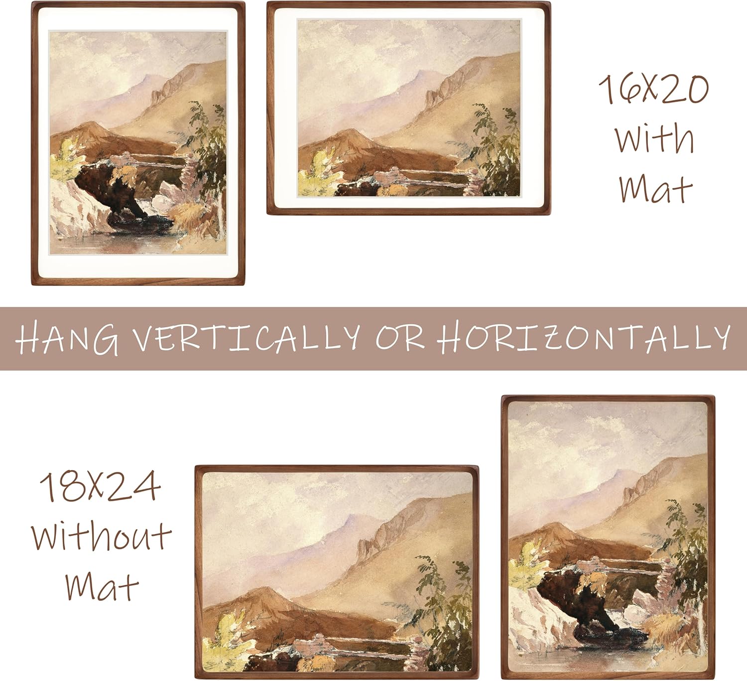 18x24 Picture Frame with Mat for 16x20, Natural Walnut Wood Handcrafted Rounded Corner with Plexiglass, Vertical or Horizontal Display Photo Gallery Poster Wall Mounting Frame