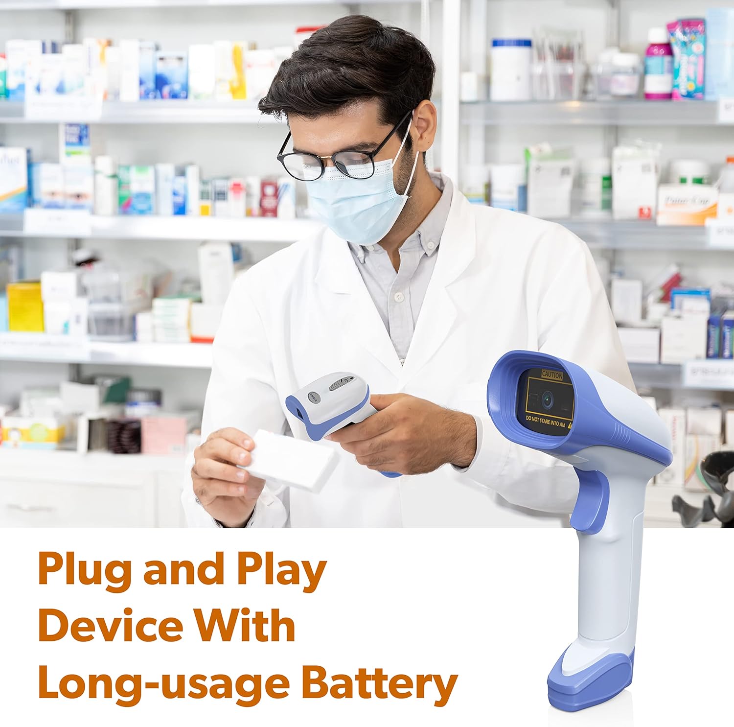 Pharmacist scanning a product with the AMBIR BR200 scanner